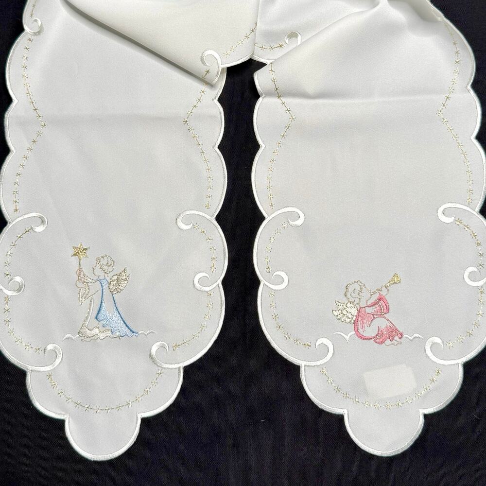 German Embroidered Christmas Table Runner Mat Angels 9x52 Metallic Gold Thread